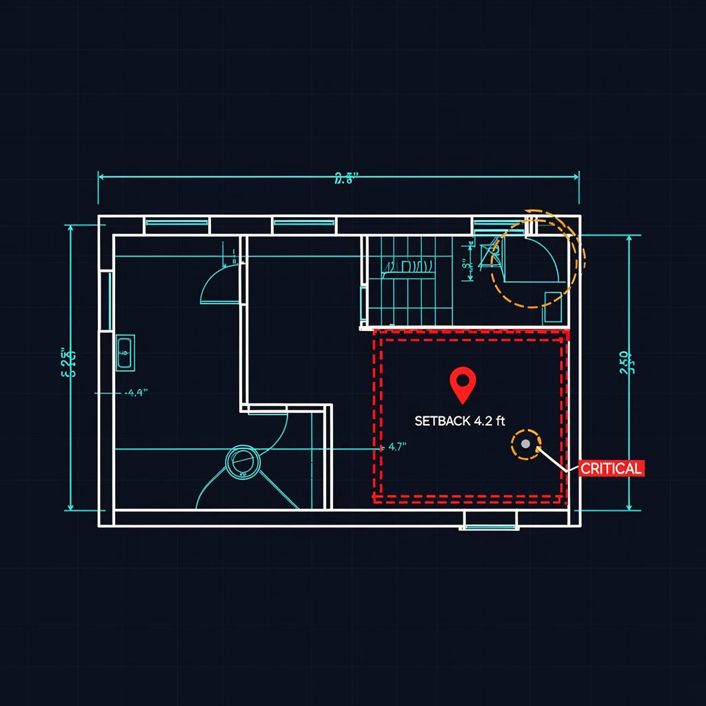 Floor plan blueprint annotated by PacketWise with a red dashed setback conflict box and amber circle for a missing dimension.