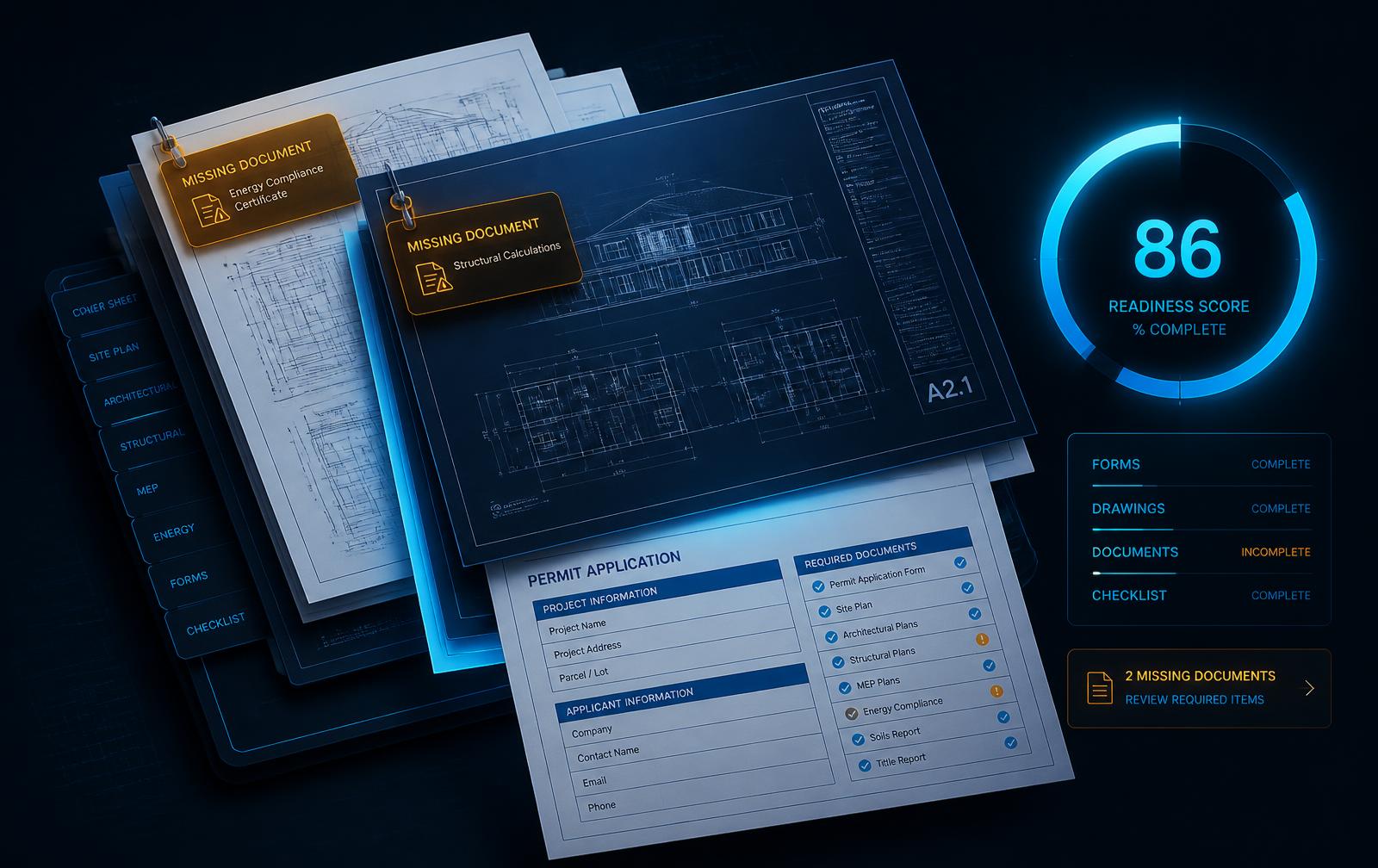 Layered permit packet of plan sheets and application forms with two amber missing-document flags and a glowing readiness score ring at 86 percent complete.